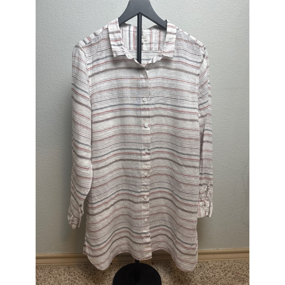 Garnet Hill Mens Large 100% Linen Striped Long Sleeve Button Down Shirt White